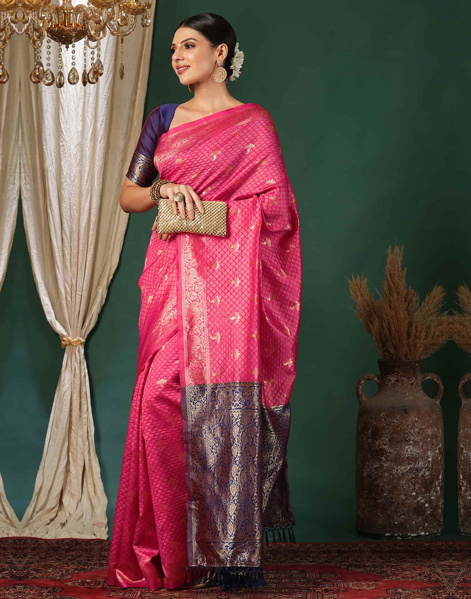 Pink Silk Blend Woven Banarasi Saree