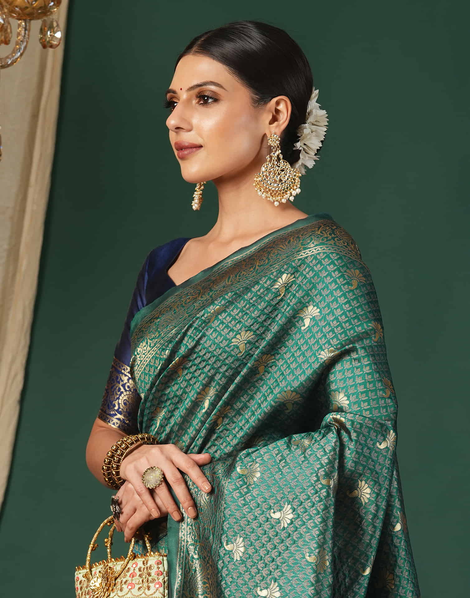 Green Silk Blend Woven Banarasi Saree