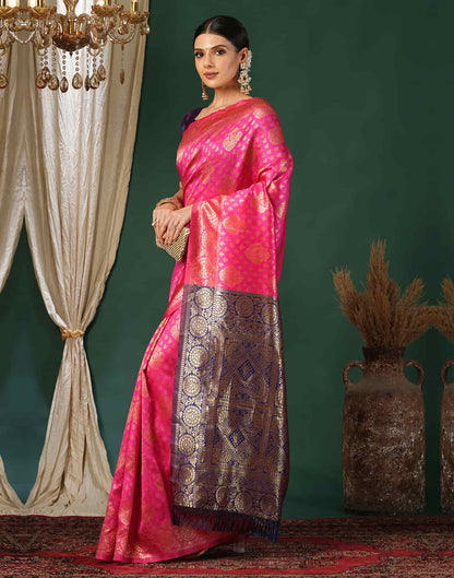 Pink Silk Blend Woven Banarasi Saree