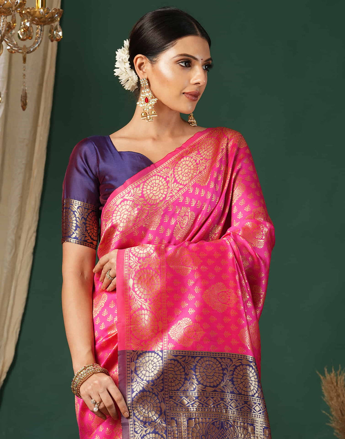 Pink Silk Blend Woven Banarasi Saree