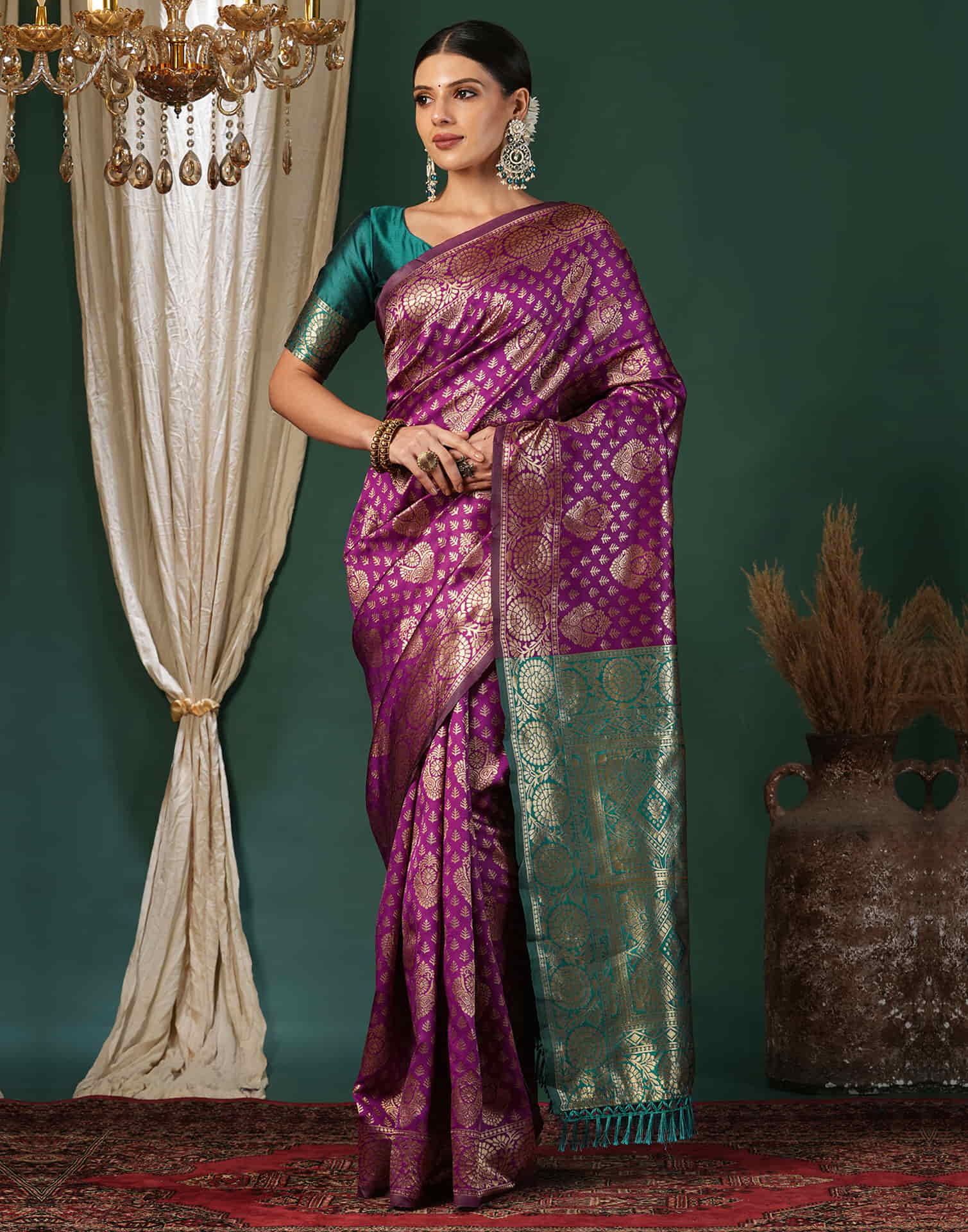 Purple Silk Blend Woven Banarasi Saree