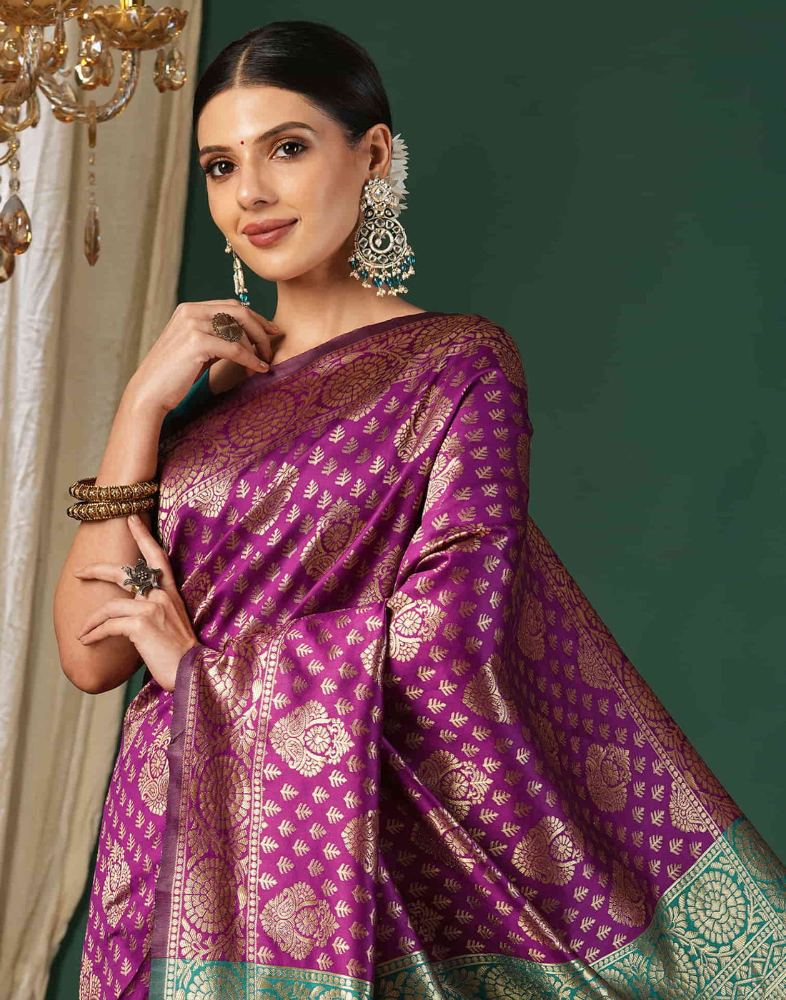 Purple Silk Blend Woven Banarasi Saree