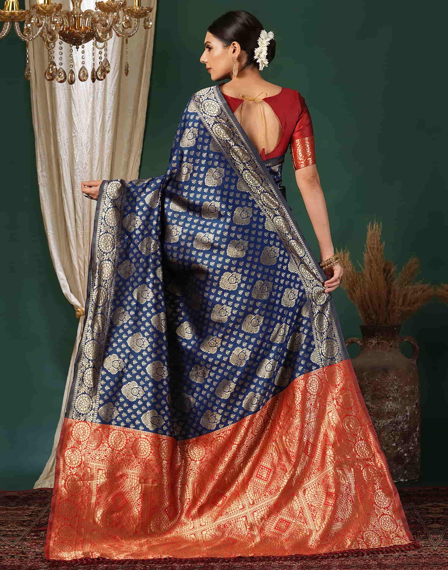 Blue Silk Blend Woven Banarasi Saree