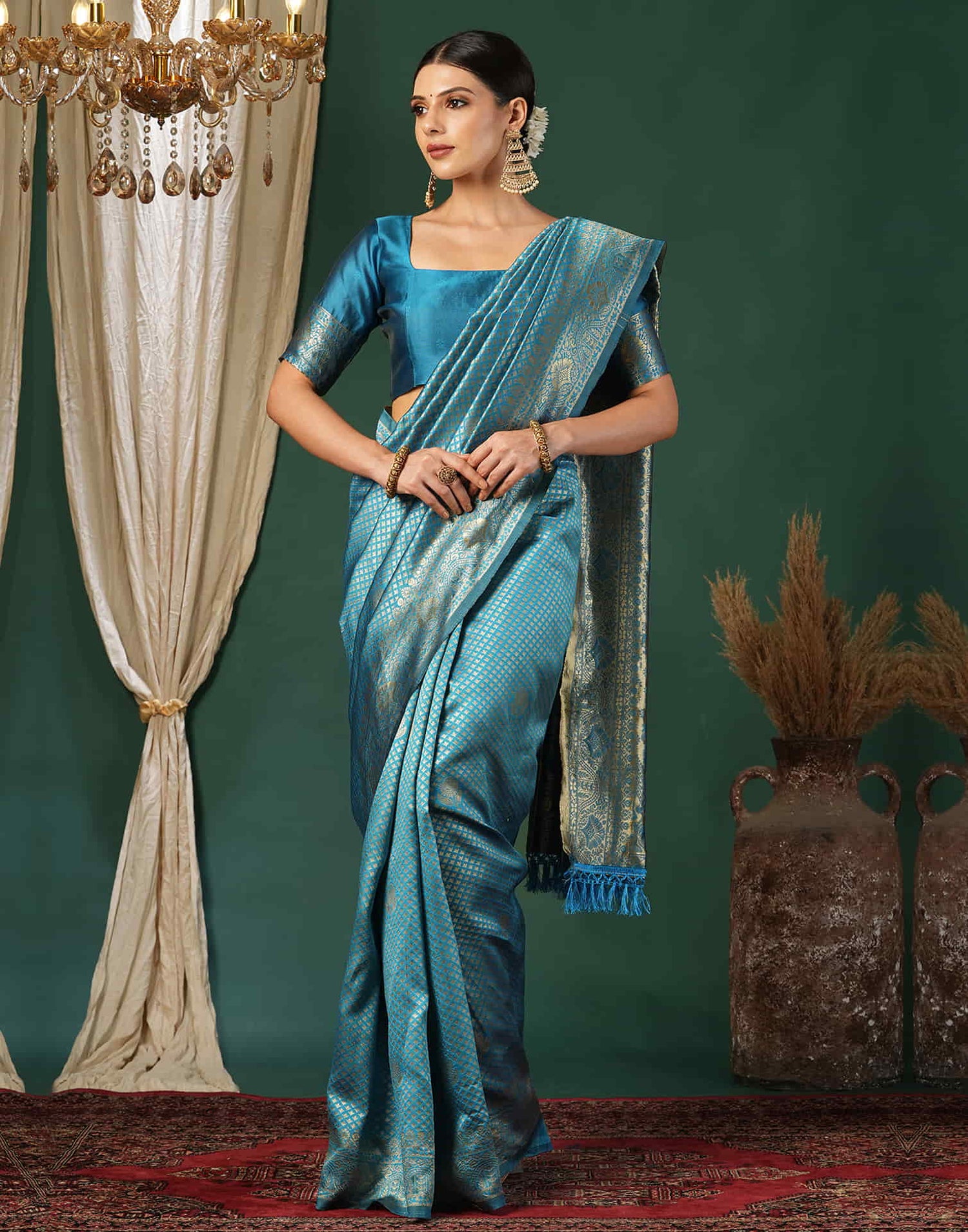 Blue Silk Blend Woven Banarasi Saree