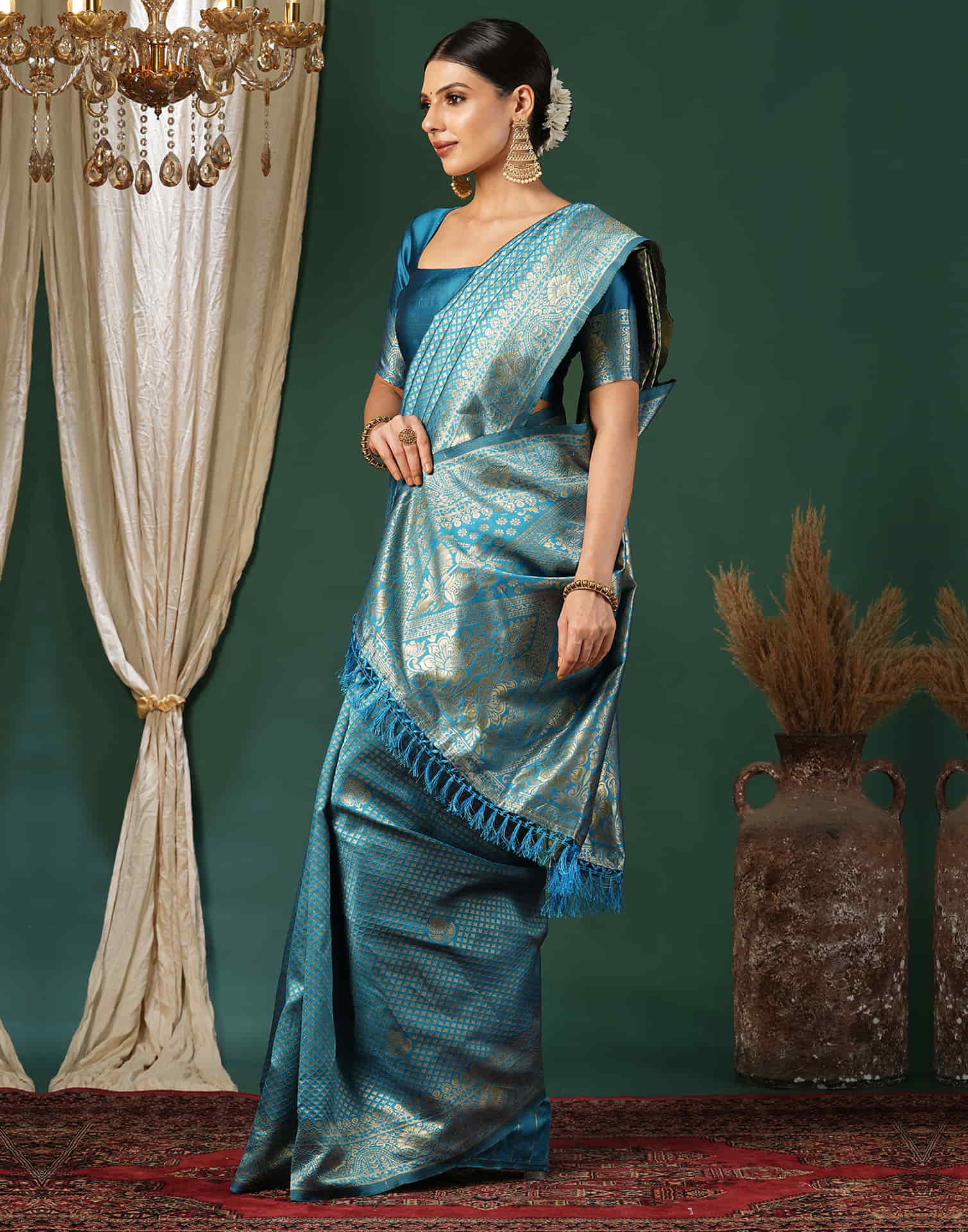 Teal Blue Silk Woven Banarasi Saree