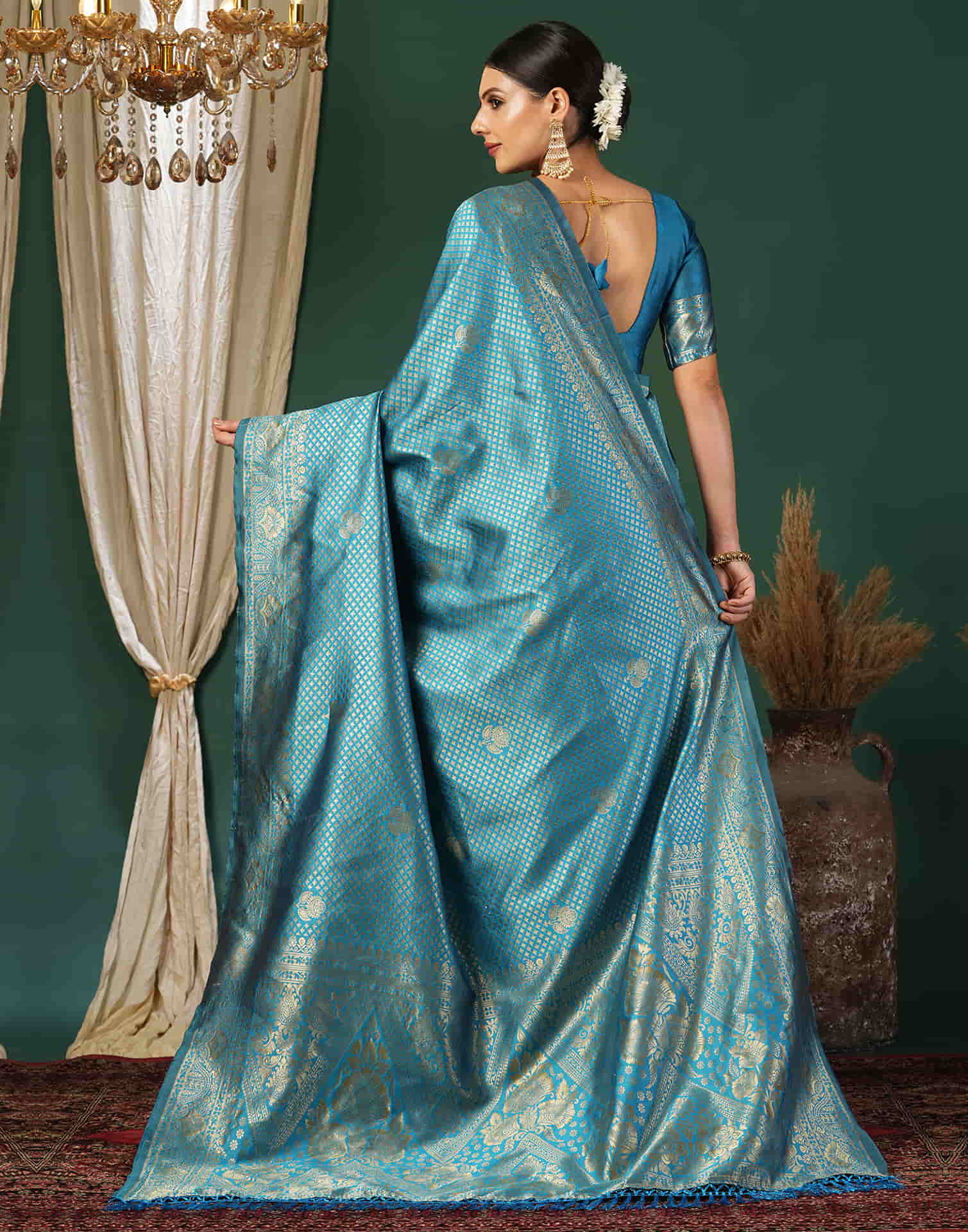 Teal Blue Silk Woven Banarasi Saree