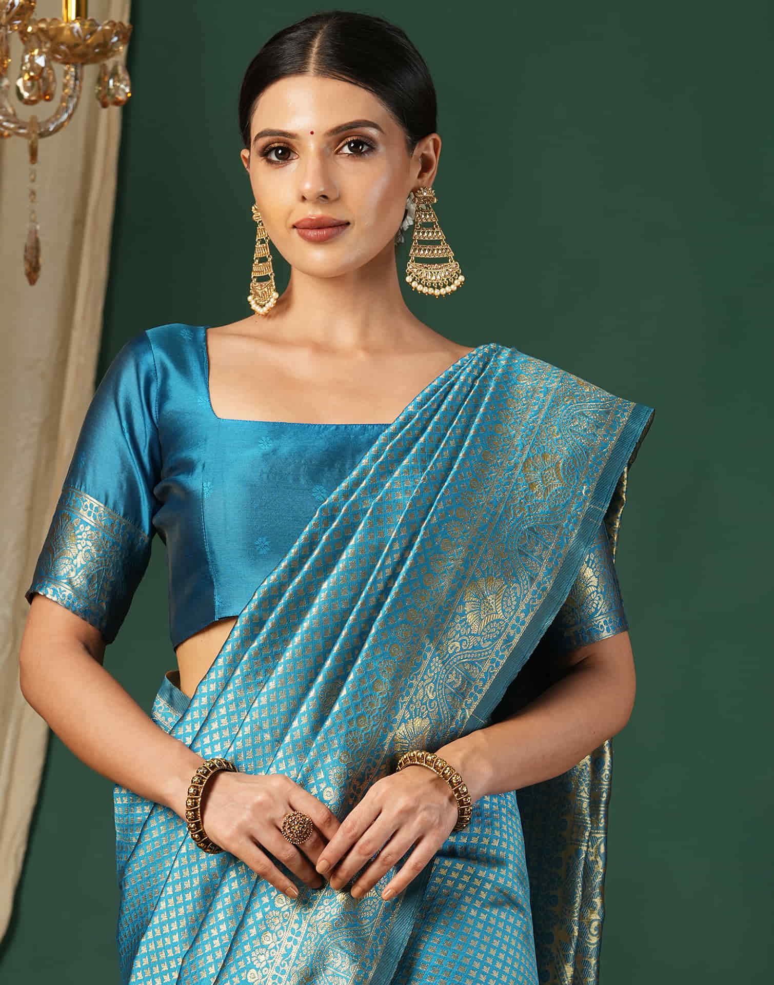 Teal Blue Silk Woven Banarasi Saree