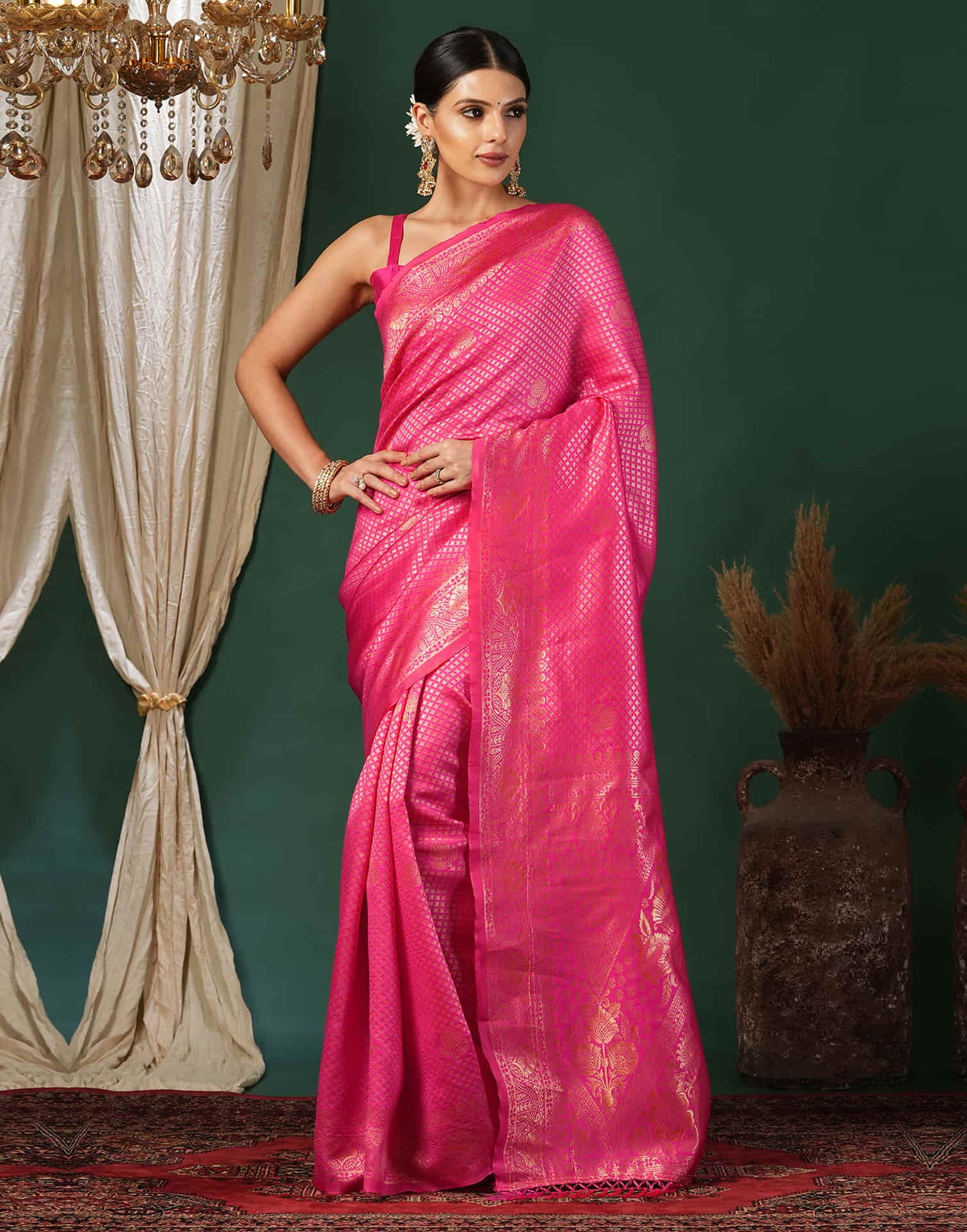 Pink Silk Blend Woven Banarasi Saree