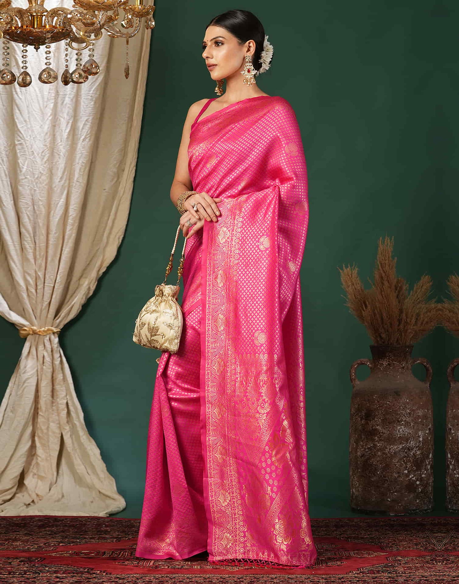 Pink Silk Blend Woven Banarasi Saree