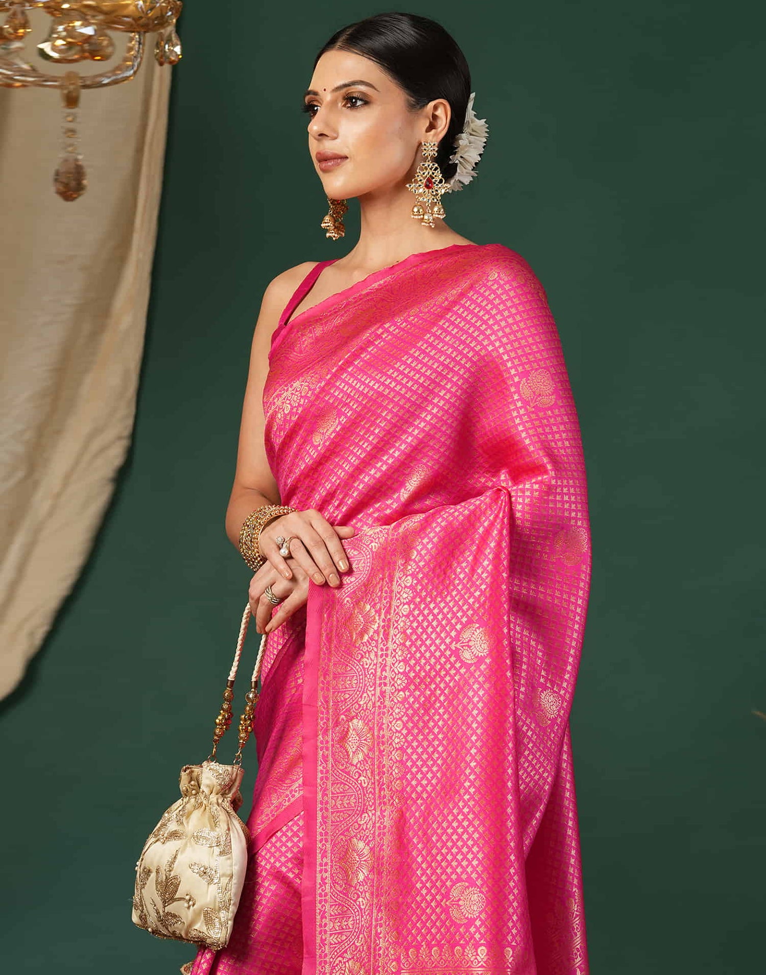 Pink Silk Blend Woven Banarasi Saree