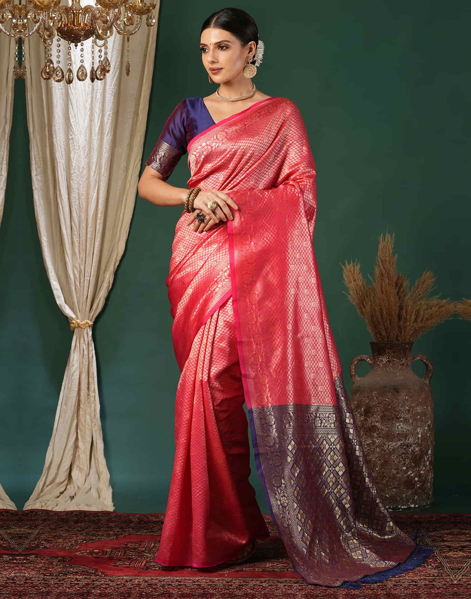 Red Silk Blend Woven Banarasi Saree