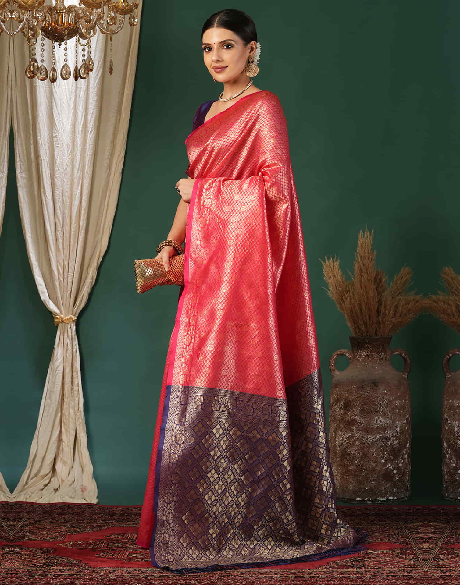 Red Silk Blend Woven Banarasi Saree