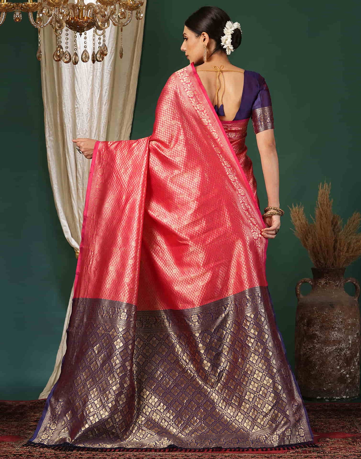 Red Silk Blend Woven Banarasi Saree