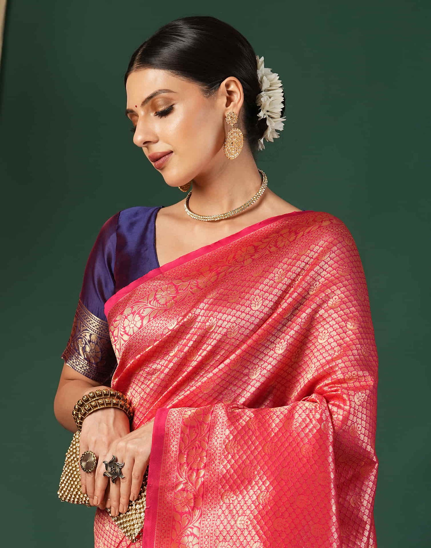 Red Silk Blend Woven Banarasi Saree