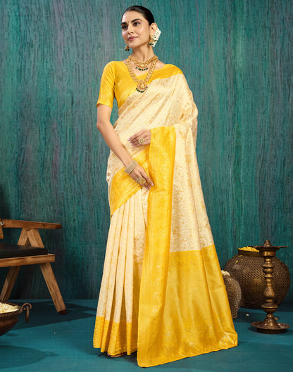 Cream Silk Blend Woven Kanjivaram Saree