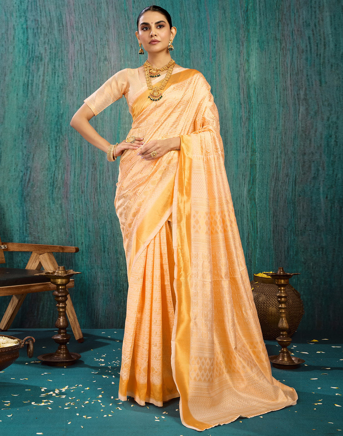 Beige Silk Blend Woven Kanjivaram Saree