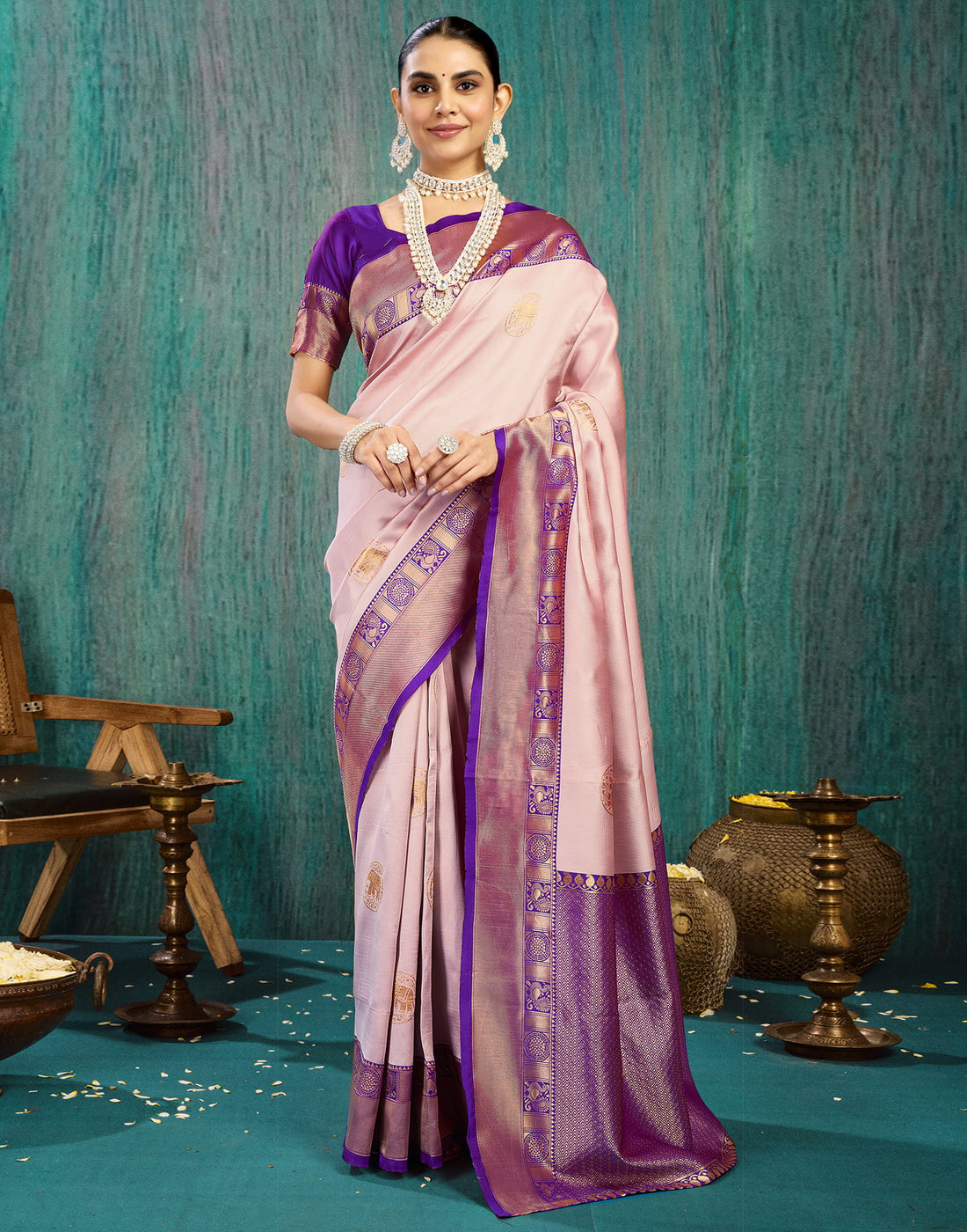 Pink Silk Blend Woven Saree