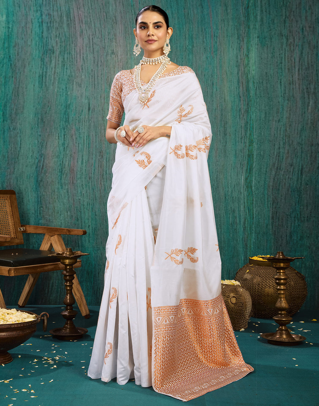 White Silk Blend Woven Saree