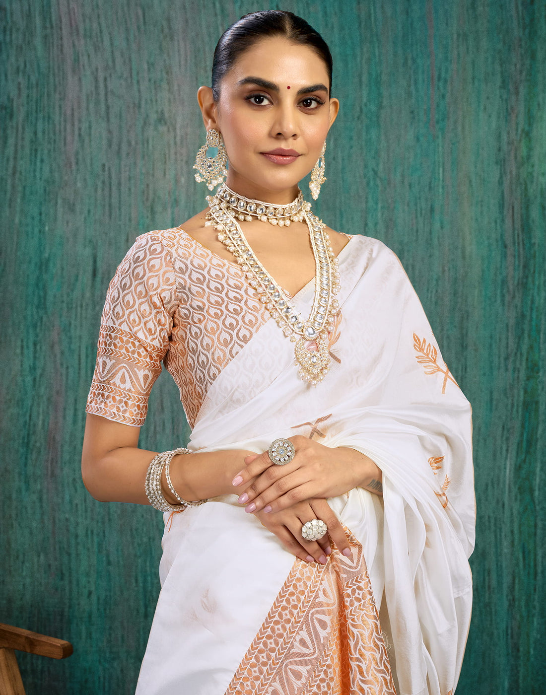 White Silk Blend Woven Saree