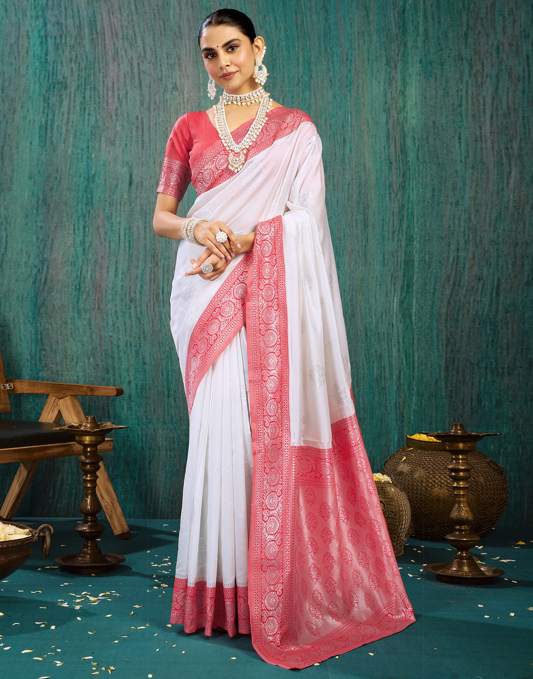 White Silk Blend Woven Saree
