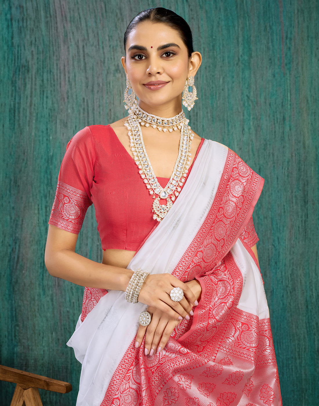 White Silk Blend Woven Saree