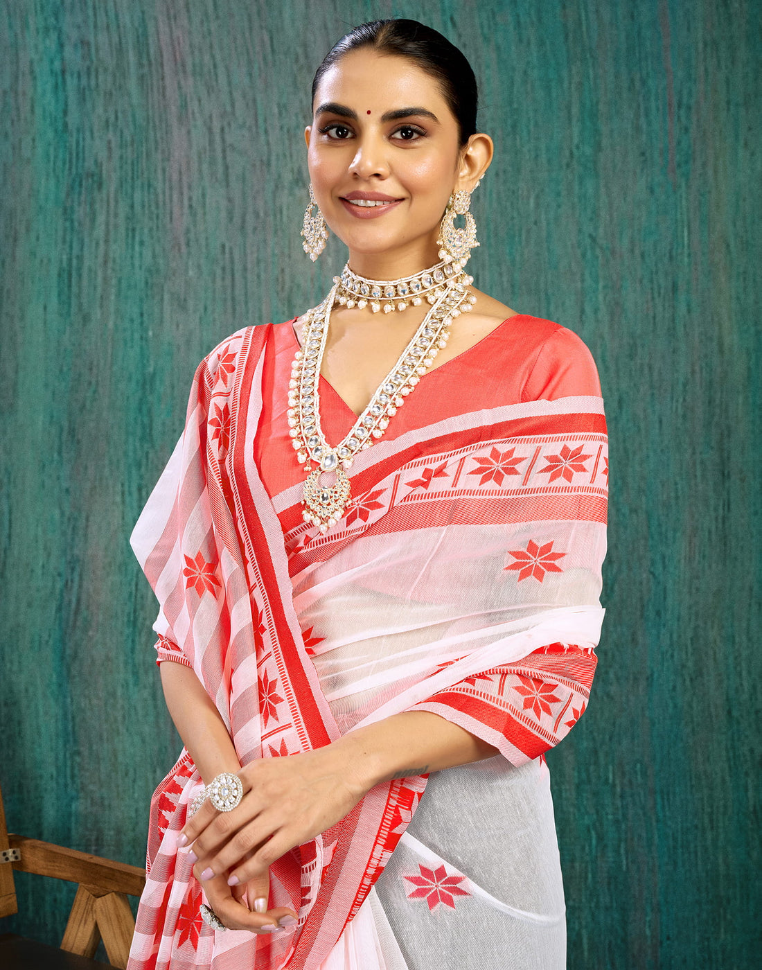 White Silk Blend Woven Saree