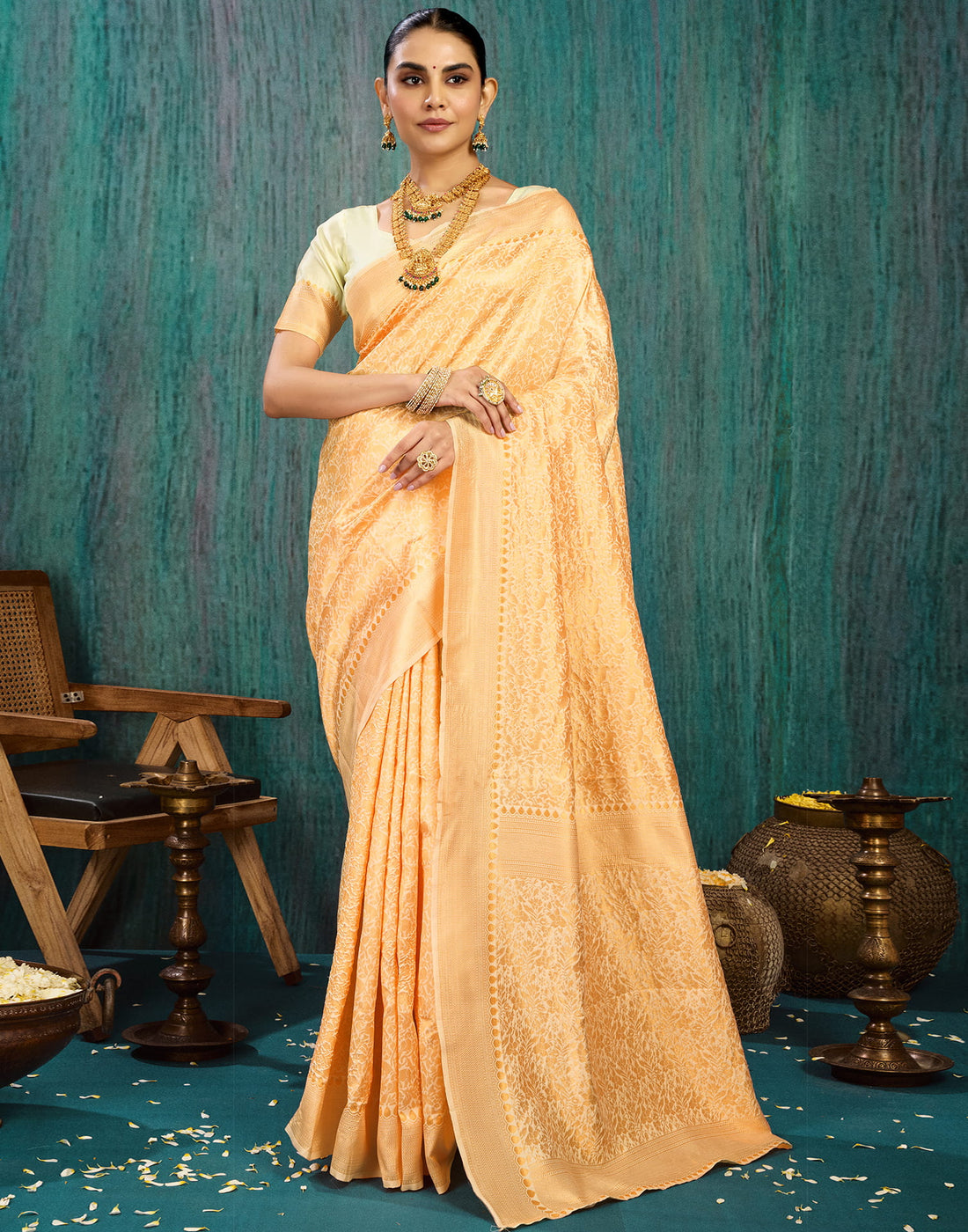 Beige Silk Blend Woven Saree