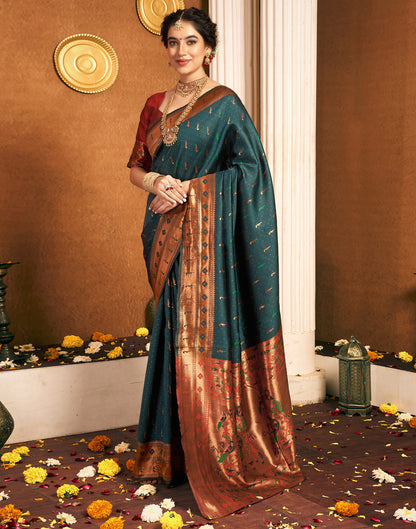 Dark rama Green Silk Woven Paithani Saree