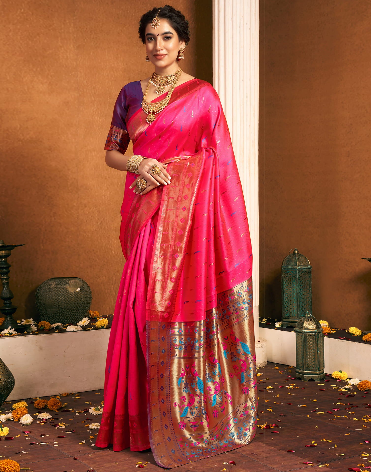 Bright Pink Silk Woven Paithani Saree