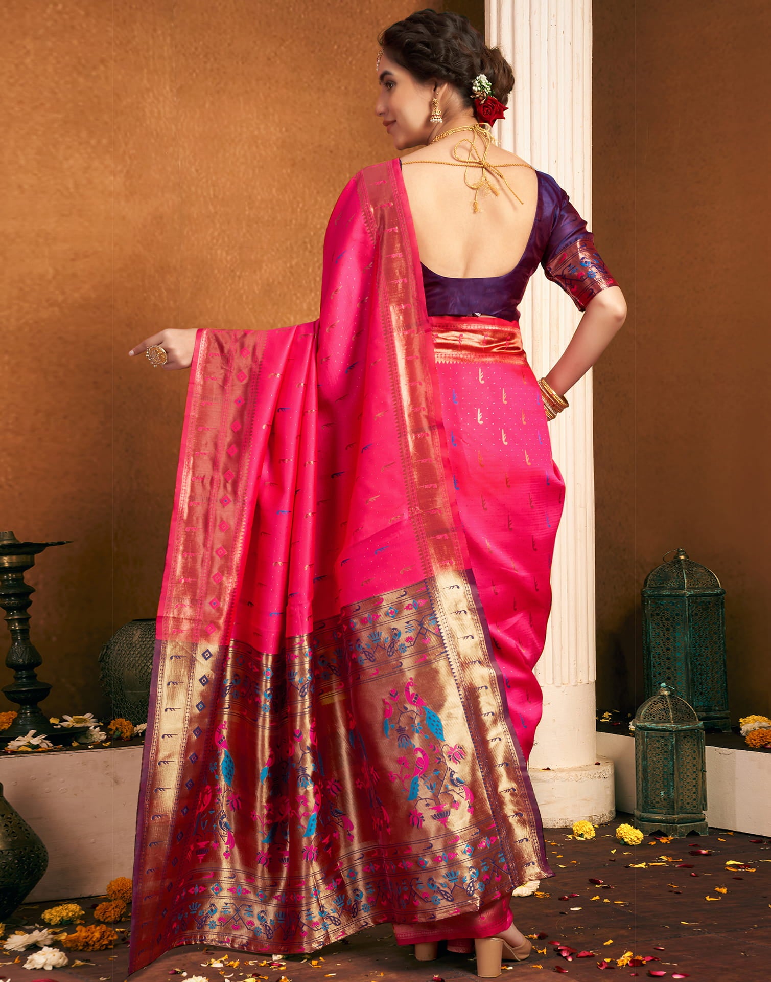 Bright Pink Silk Woven Paithani Saree