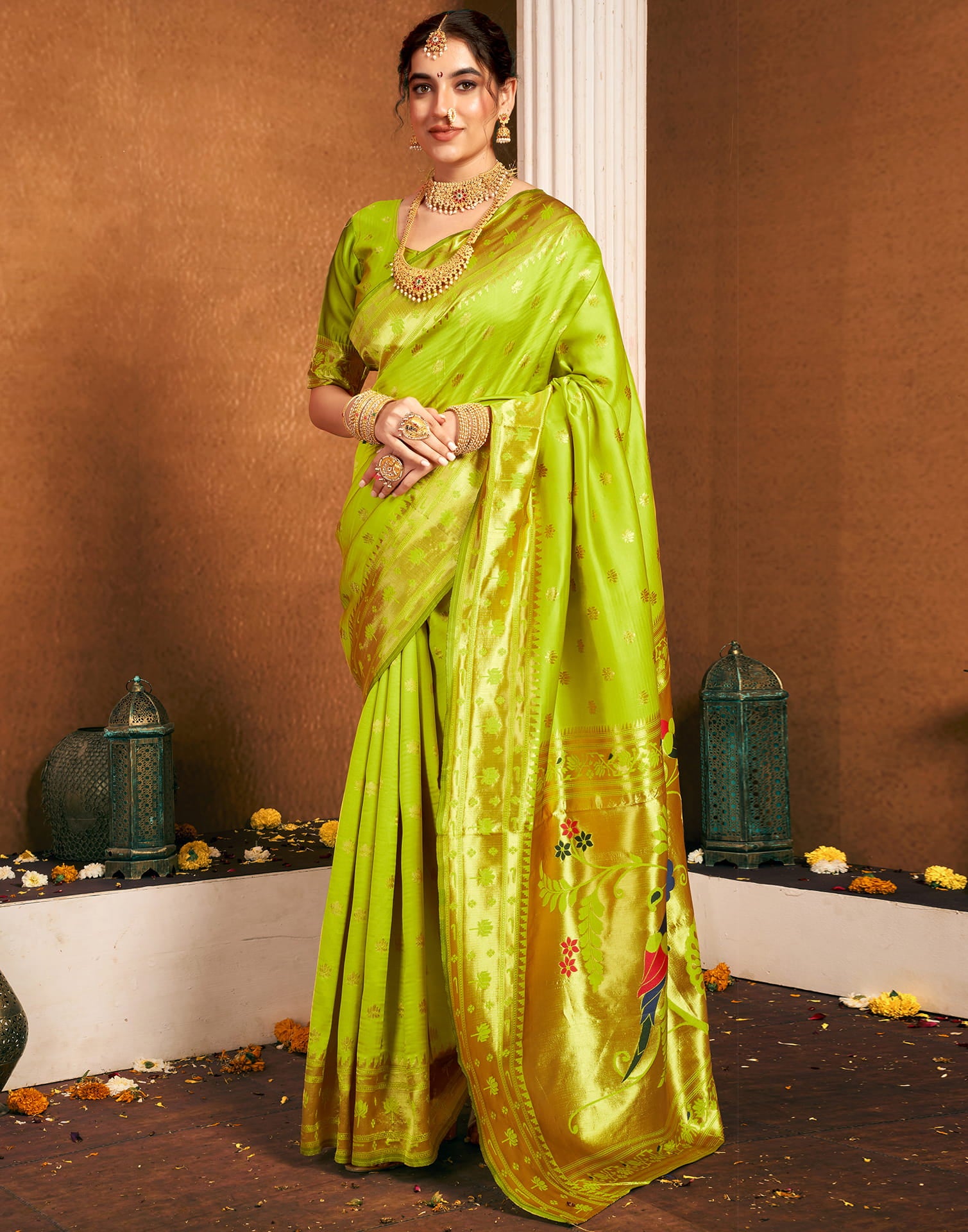 Lime Green Silk Woven Paithani Saree