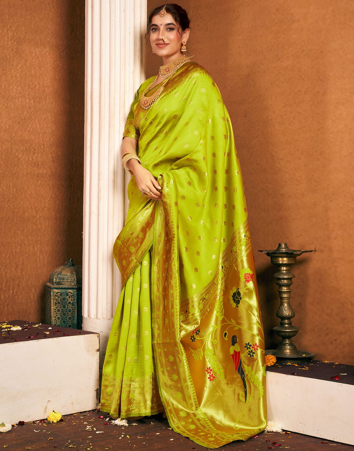 Lime Green Silk Woven Paithani Saree