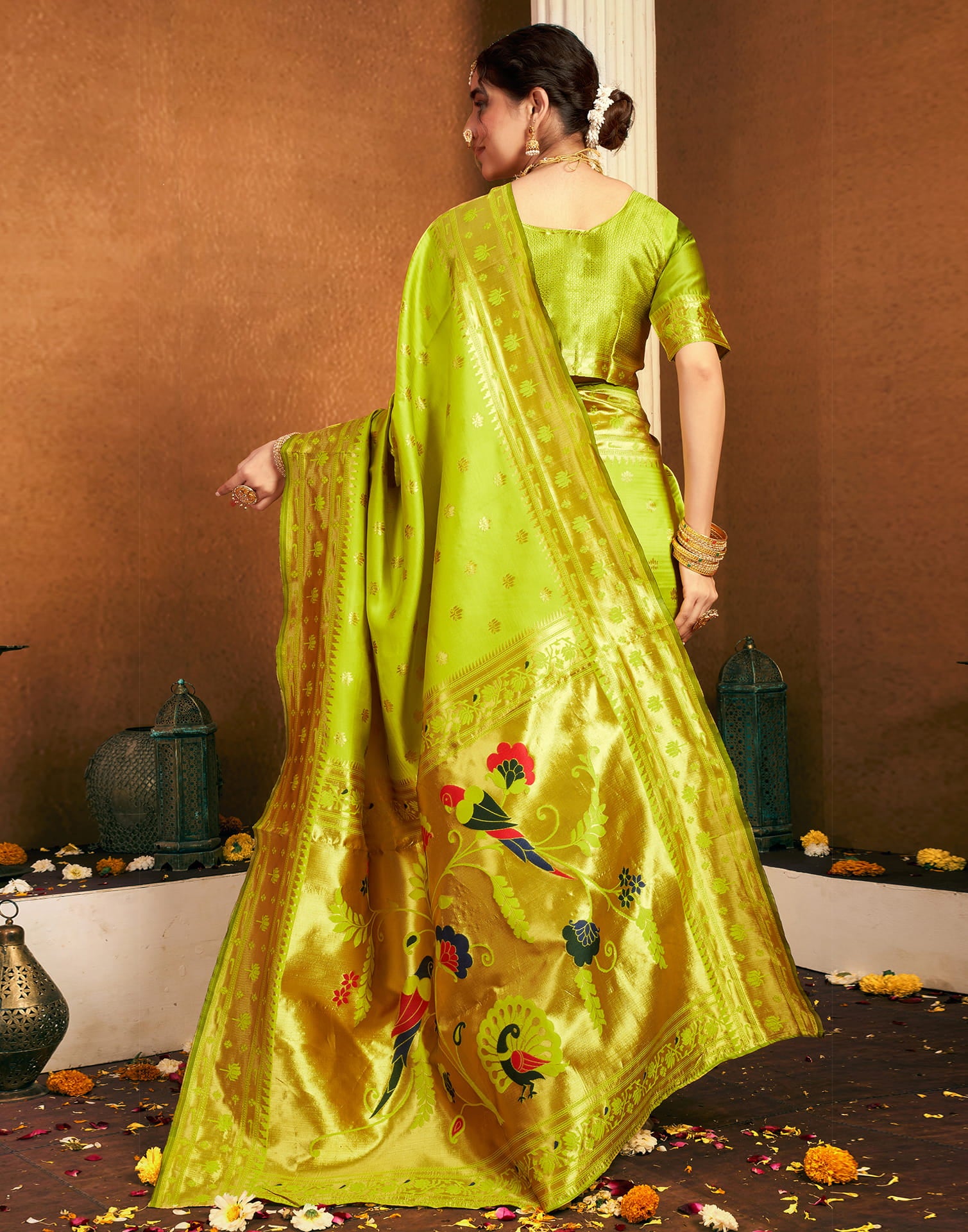 Lime Green Silk Woven Paithani Saree