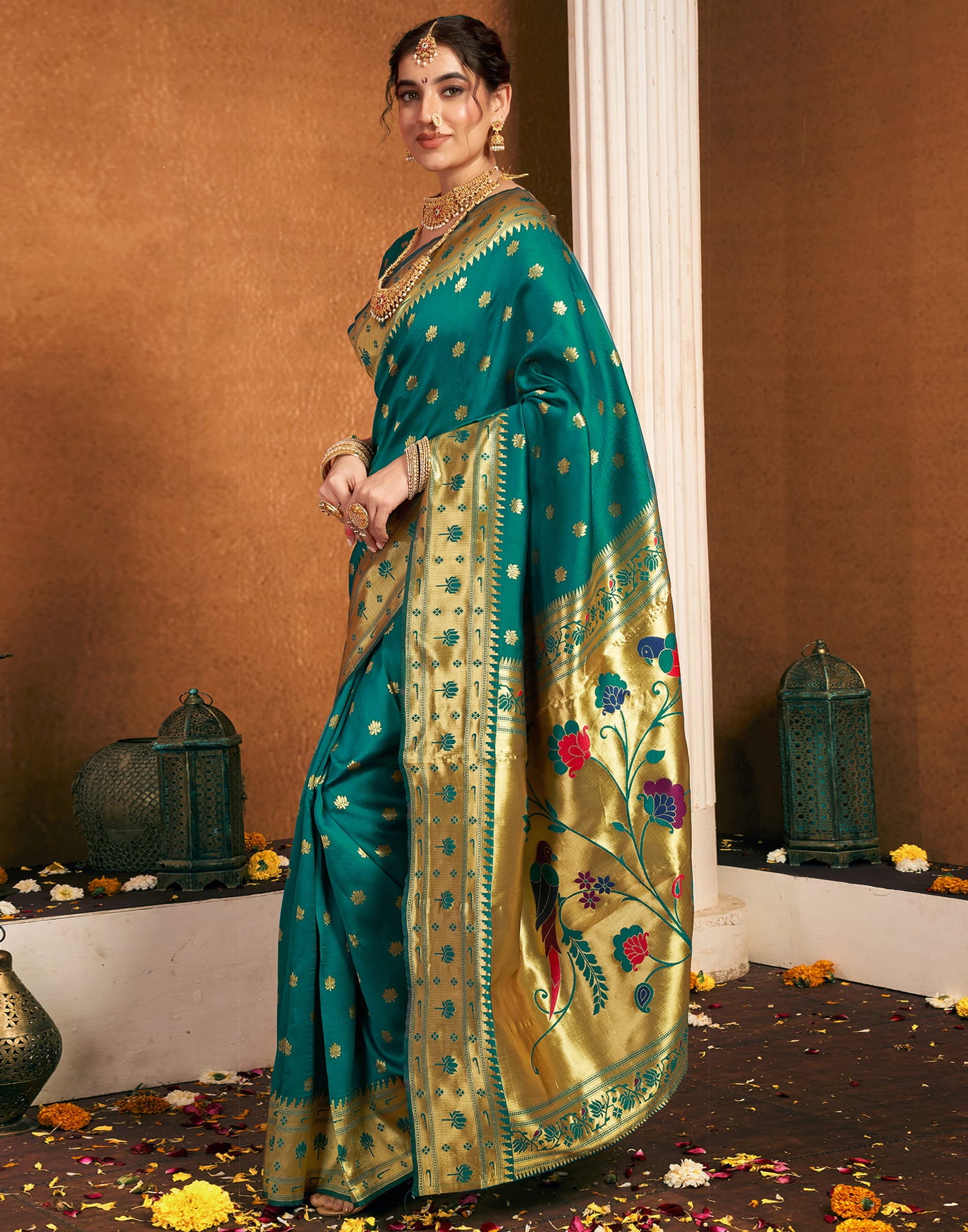 Teal Green Silk Woven Paithani Saree