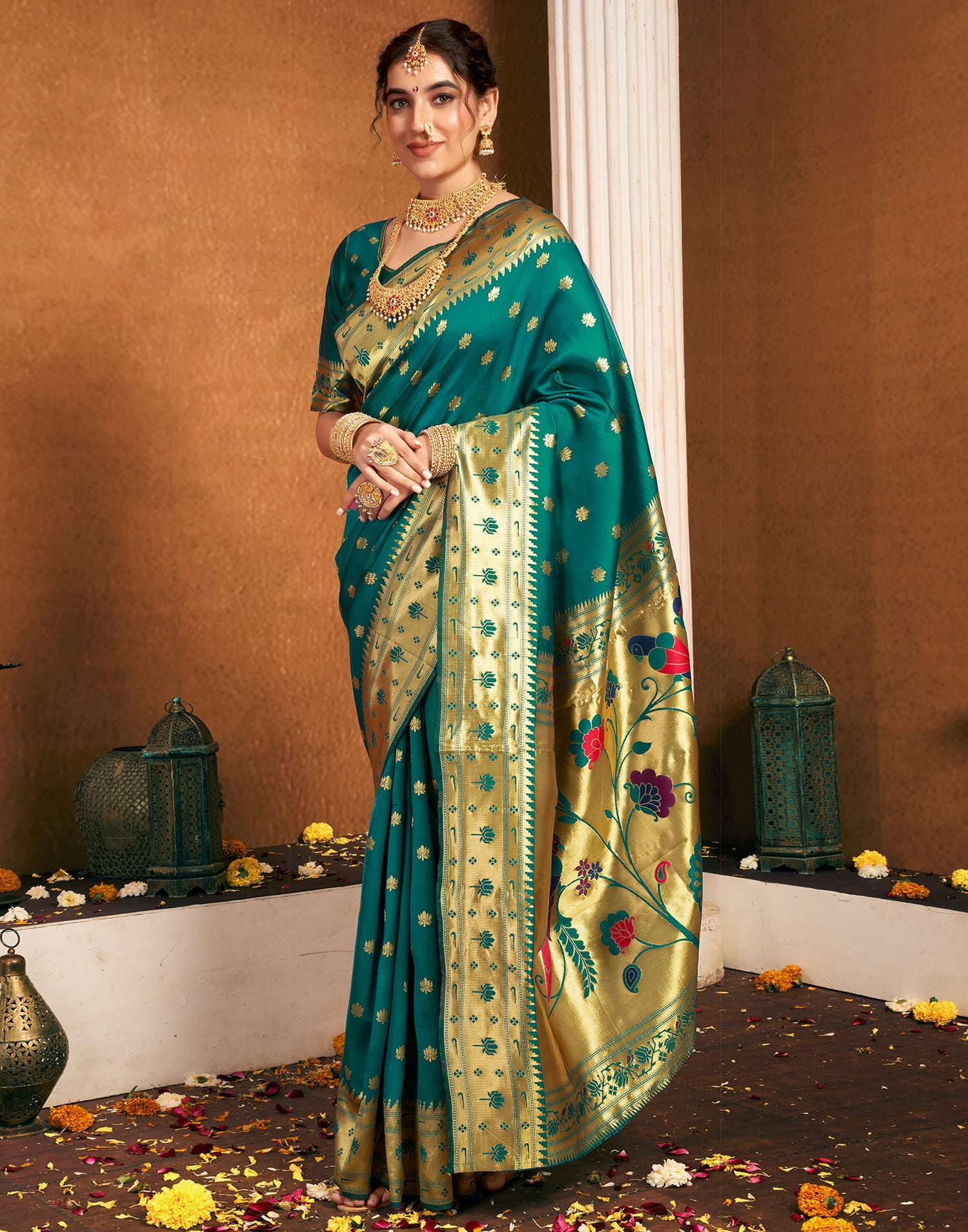 Teal Green Silk Woven Paithani Saree