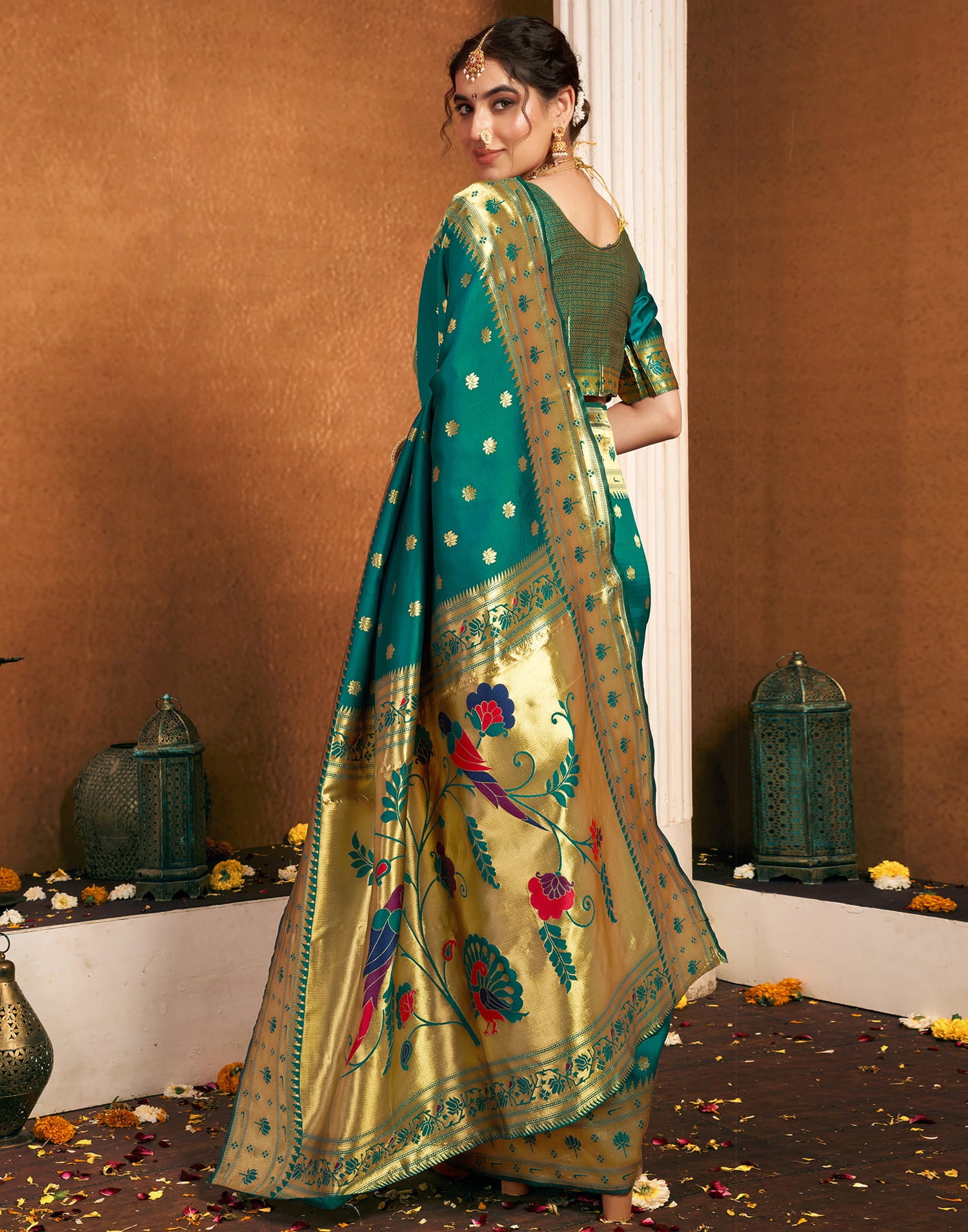 Teal Green Silk Woven Paithani Saree