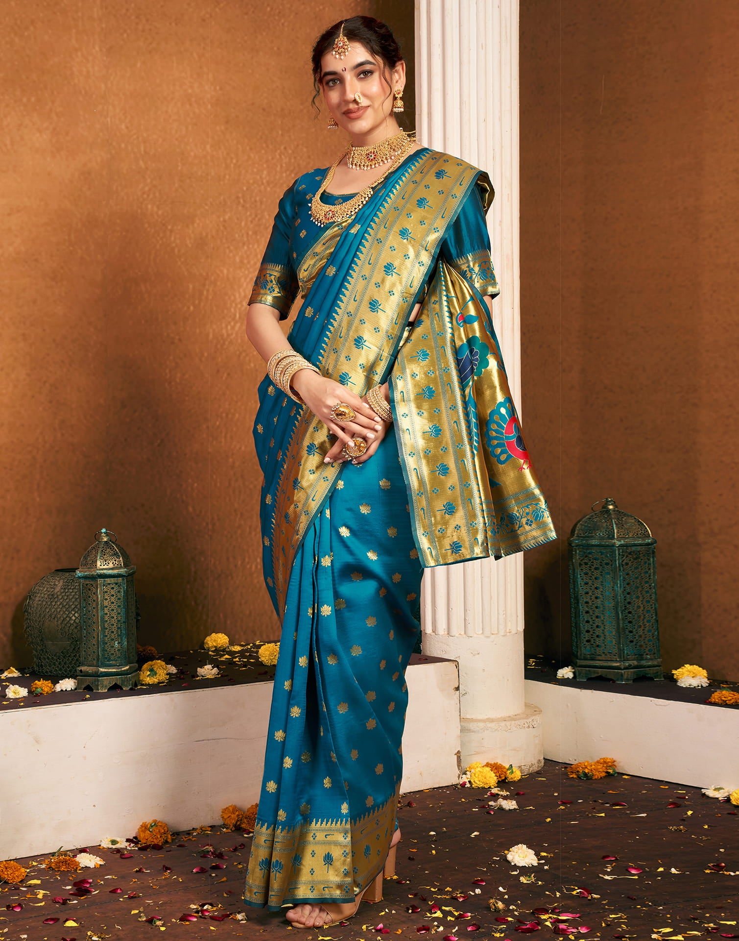 Teal Blue Silk Woven Paithani Saree