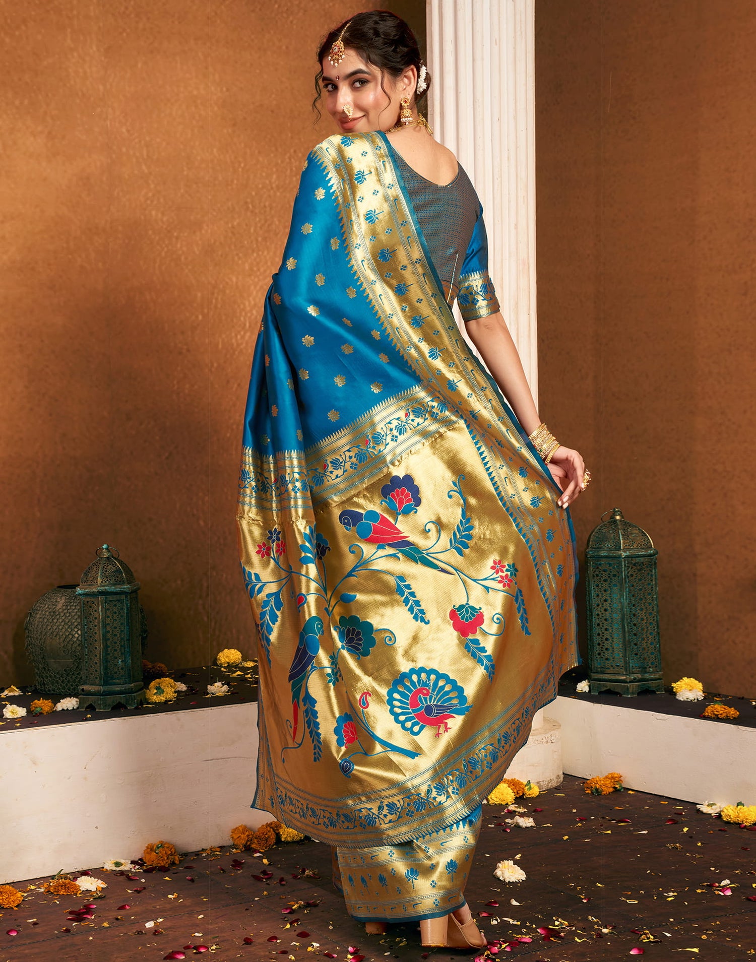 Teal Blue Silk Woven Paithani Saree