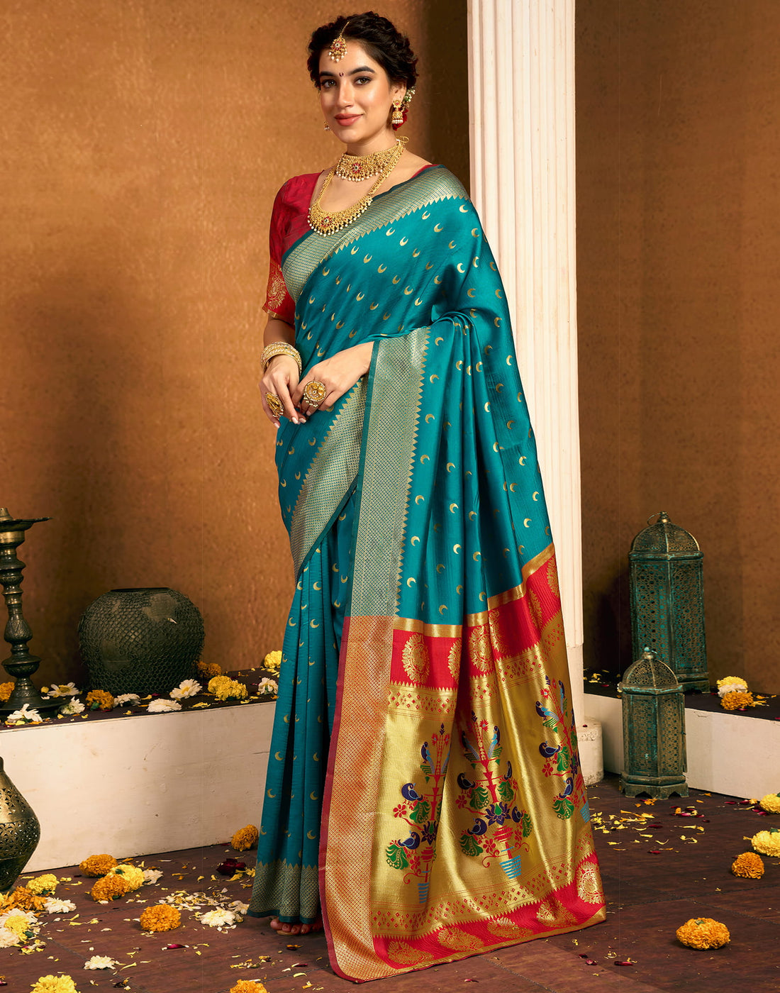 Turquoise Silk Woven Paithani Saree