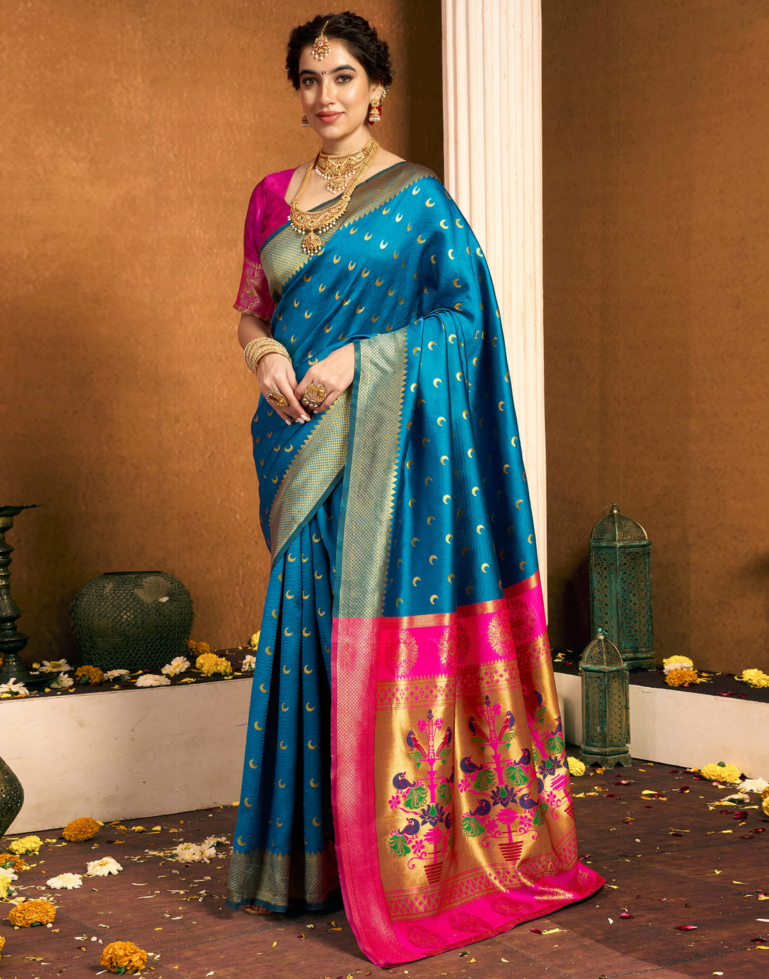 Teal Blue Silk Woven Paithani Saree