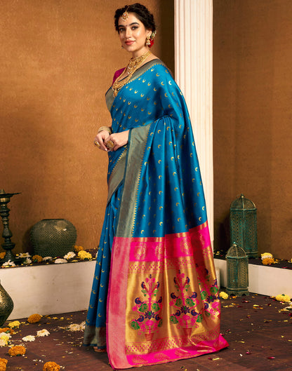 Teal Blue Silk Woven Paithani Saree