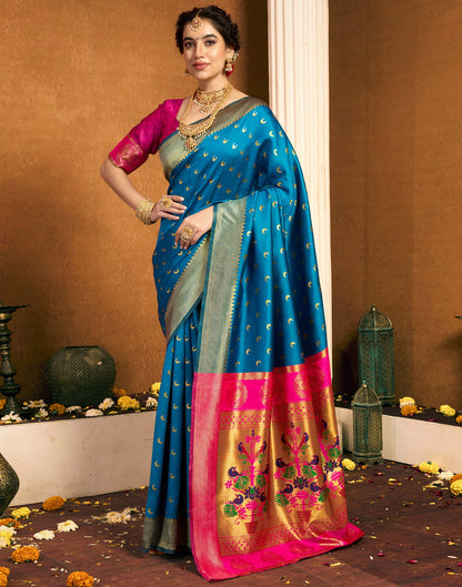 Teal Blue Silk Woven Paithani Saree