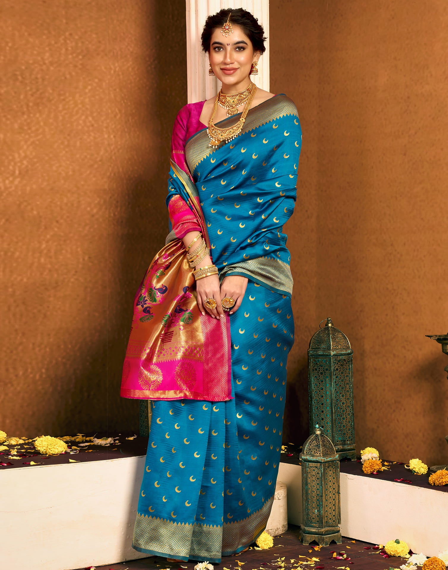 Teal Blue Silk Woven Paithani Saree