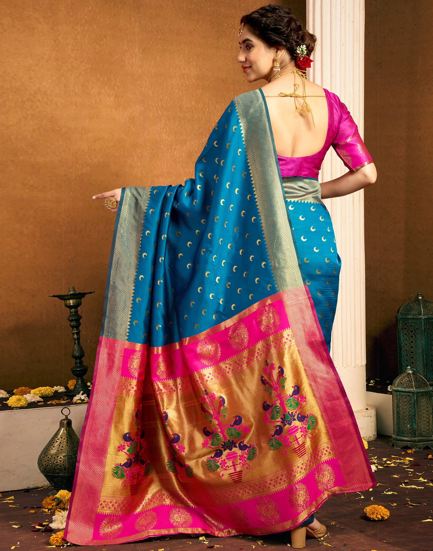 Teal Blue Silk Woven Paithani Saree