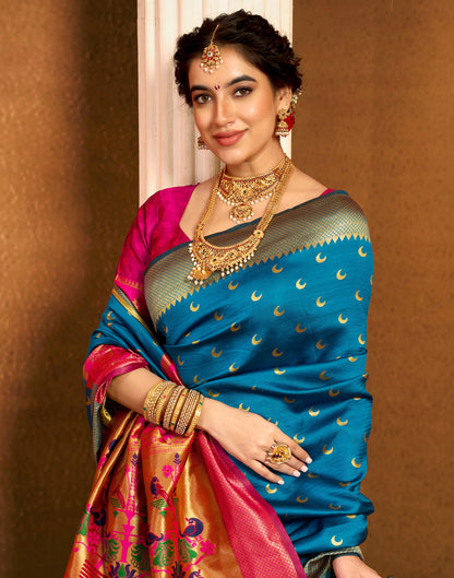 Teal Blue Silk Woven Paithani Saree