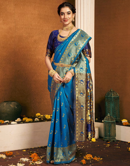 teal Blue Silk Woven Paithani Saree