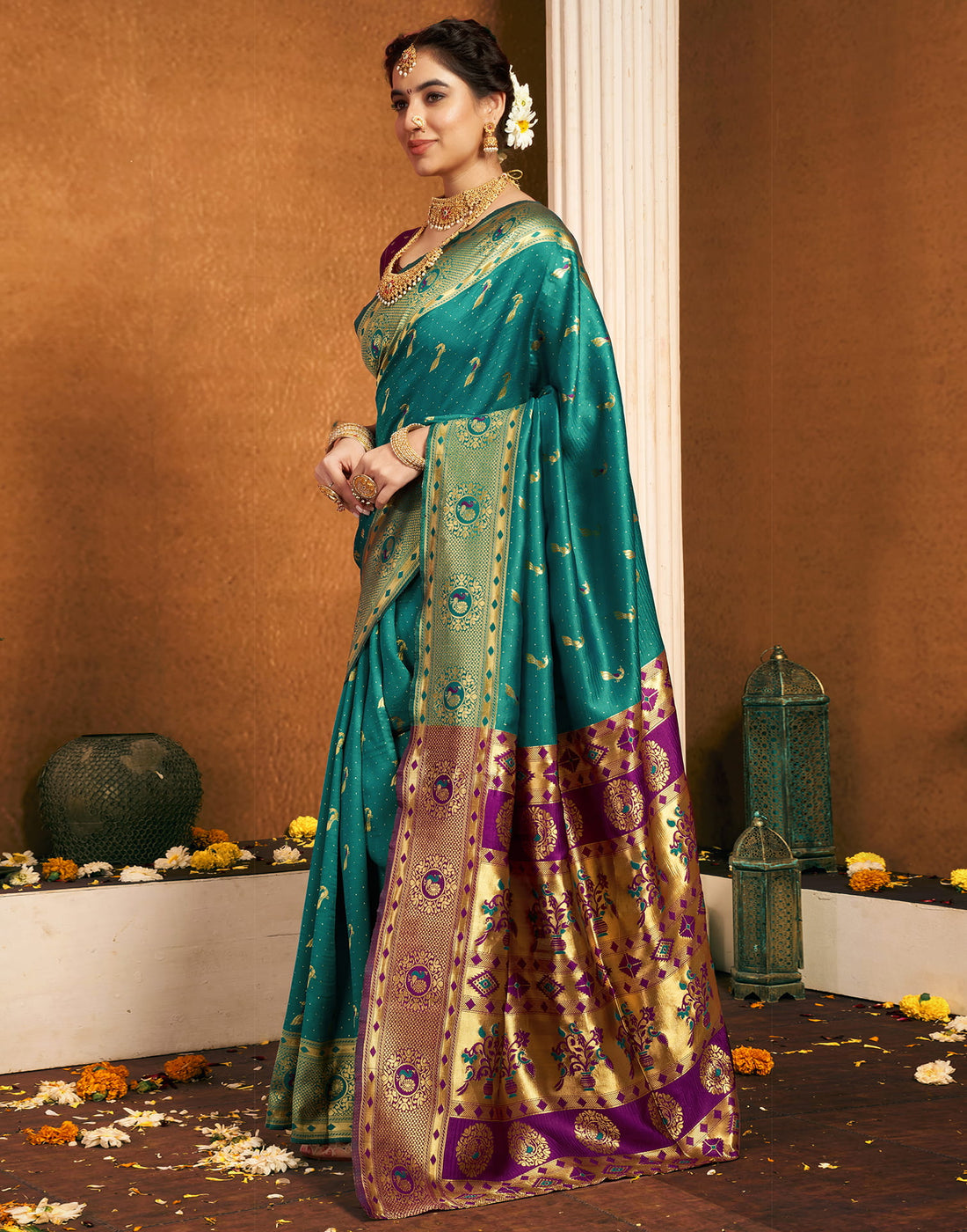 Teal Green Silk Weaving Paithani Saree