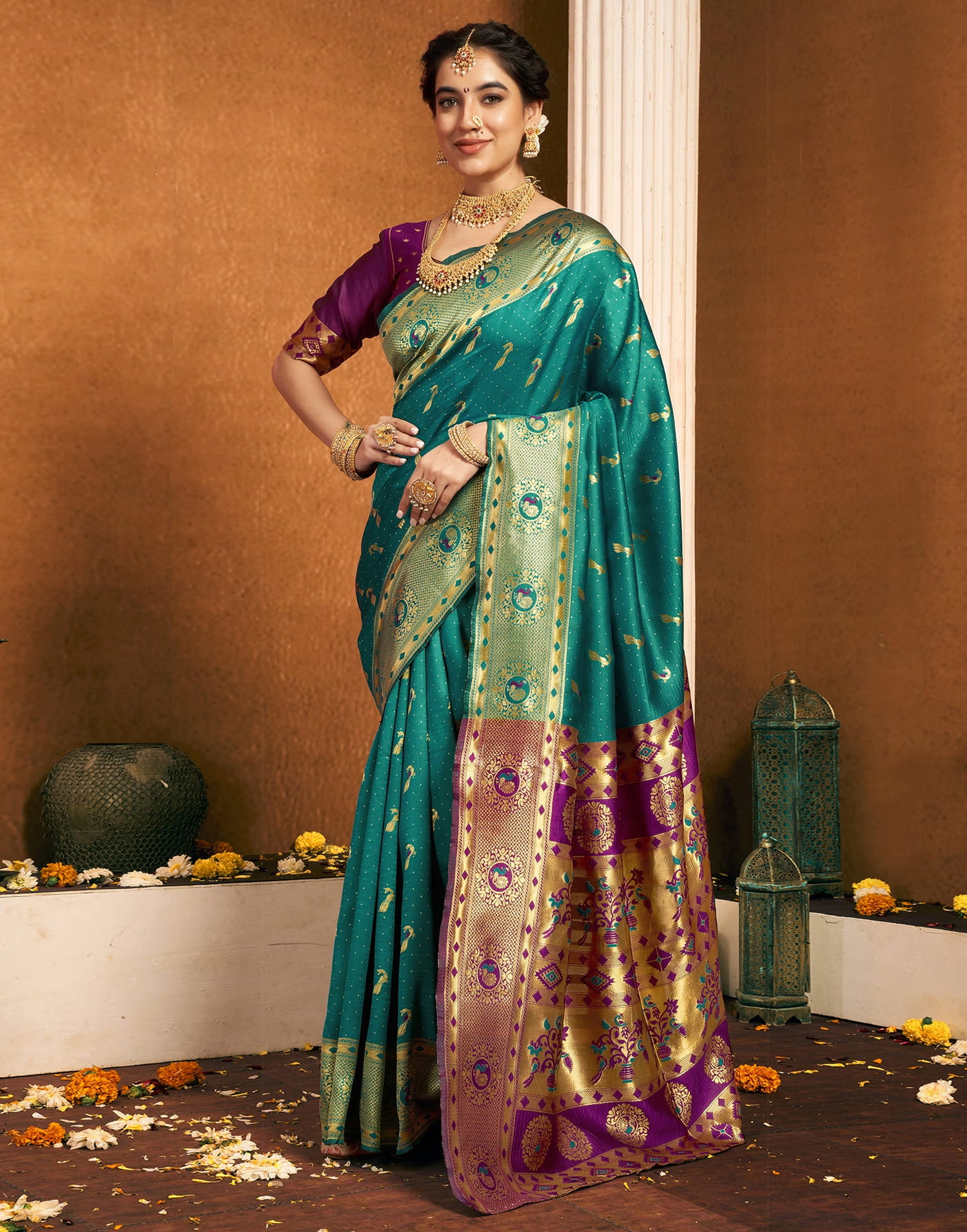 Teal Green Silk Woven Paithani Saree