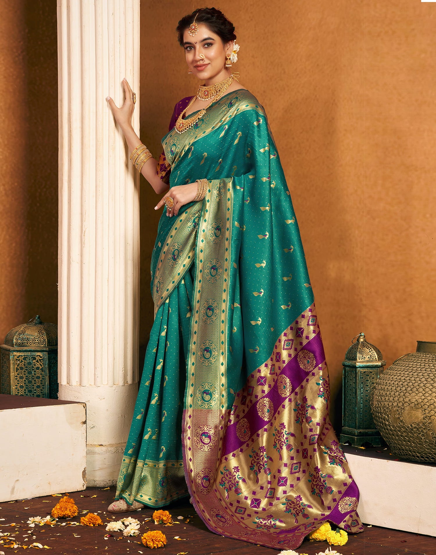 Teal Green Silk Woven Paithani Saree