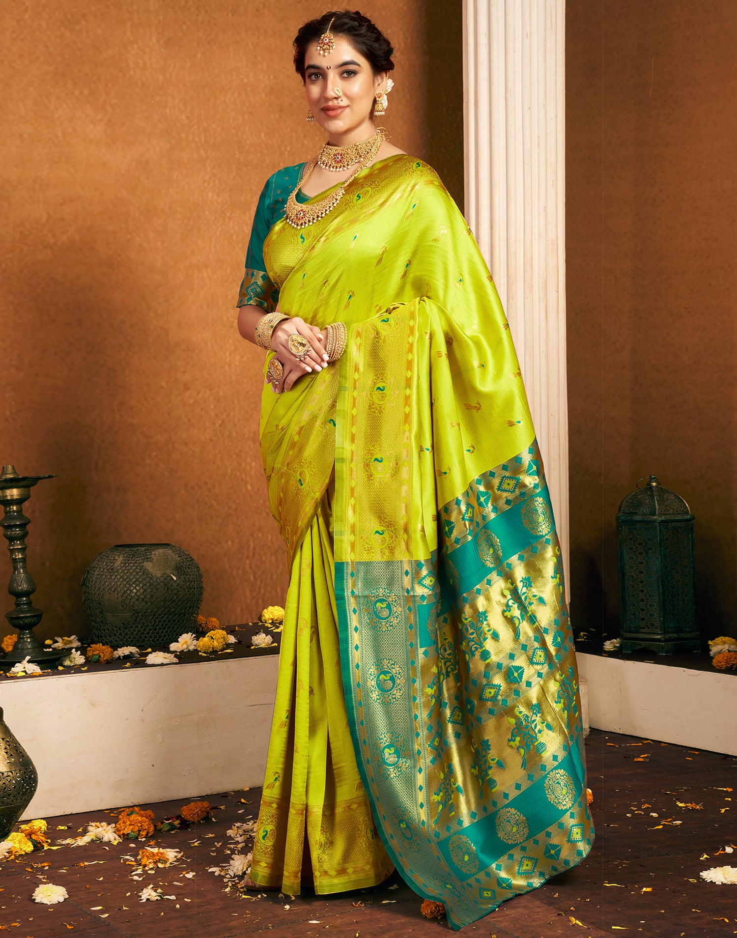 Lime Green Silk Woven Paithani Saree